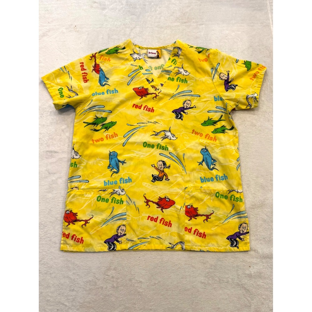 Cherokee Tooniforms Dr Seuss One Fish Two Fish Scrub Top Yellow Unisex Large